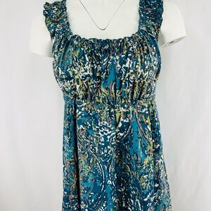 NWT Tahari beautiful Blue, Gold & Taupe patterned Silk Sleeveless Dress